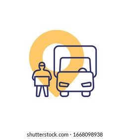 icono de línea de entrega, van y trabajador con caja