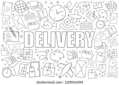 Delivery from line icon with word. Linear vector pattern. Vector illustration