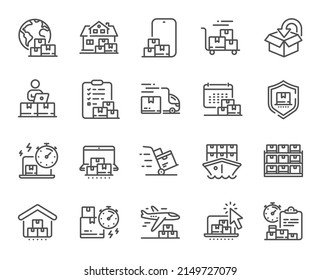 Delivery line icons. Return package, logistic service and delivery date set. Freight distribution, global export and courier truck line icons. Logistic transport, ship delivery. Vector