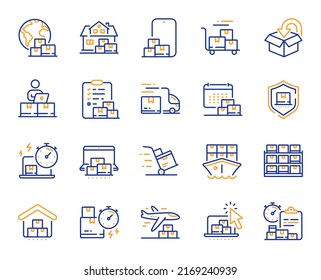 Delivery line icons. Return package, logistic service and delivery date set. Freight distribution, global export and courier truck line icons. Logistic transport, ship delivery. Vector
