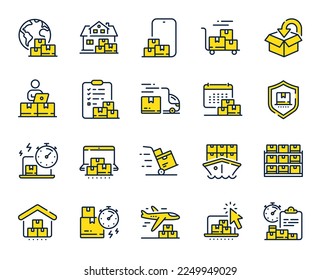 Delivery line icons. Return package, logistic service and delivery date set. Freight distribution, global export and courier truck line icons. Logistic transport, ship delivery. Vector