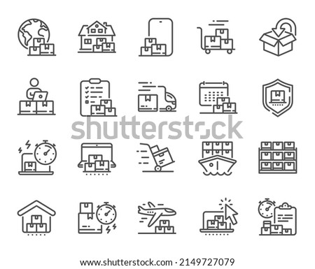 Delivery line icons. Return package, logistic service and delivery date set. Freight distribution, global export and courier truck line icons. Logistic transport, ship delivery. Vector