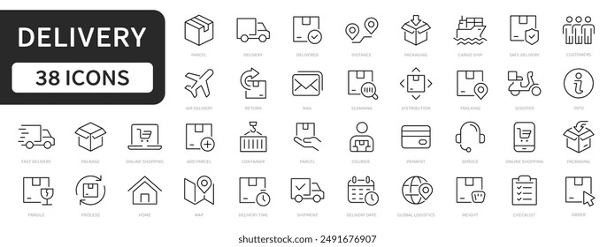 Delivery line icons set. Delivery, Parcel, Shipping, Cargo, Logistics, Box, Courier, Truck icon collection. Editable stroke. Vector