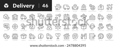 Delivery line icons set. Parcel delivery symbols outline 46 icons collection. Delivery methods, courier, order tracking, box, parcel protection - stock vector.