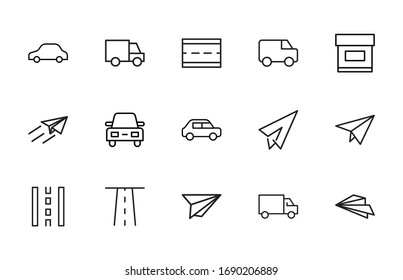 conjunto de iconos de línea de entrega. Elementos vectoriales de trazo para el diseño moderno. Pictogramas simples para concepto móvil y aplicaciones web. Iconos de línea de vectores aislados en un fondo blanco. 