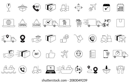 Juego de iconos de línea de entrega. Colección de iconos de transporte. Entrega rápida, plazo de entrega, asistencia al cliente, paquete, compra, paquete de cobro, entrega de paquetes. Ilustración vectorial. Stroke Editable