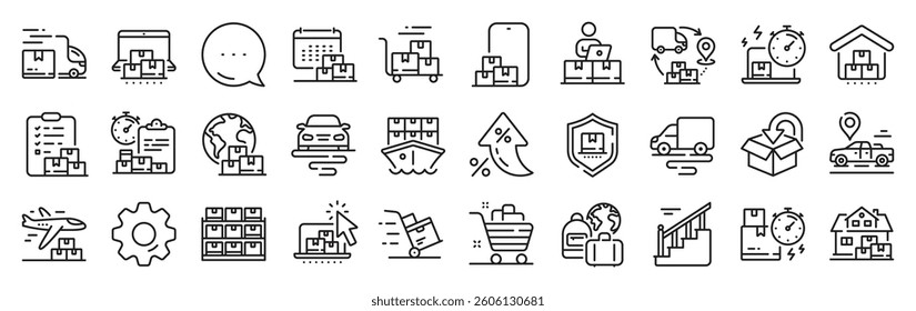 Delivery line icons. Settings gear, Message, Inflation icons. Return package, logistic service and delivery date set. Freight distribution, global export and courier truck line icons. Vector