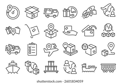 Delivery line icons. Shipping and export package symbols, cargo shipment and parcel transportation, logistic service and box shipping. Vector delivery outline set.