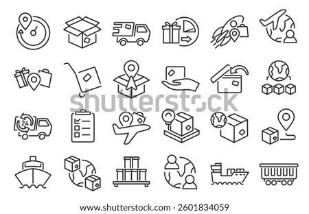 Delivery line icons. Shipping and export package symbols, cargo shipment and parcel transportation, logistic service and box shipping. Vector delivery outline set.