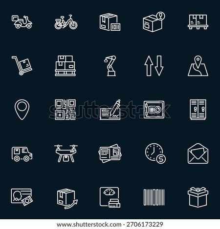 Delivery line outline icon set pack with vector sign symbols like scooter, bike, box, fragile parcel, pallet, hand truck, robot arm, QR, document, safe, locker, truck, drone, barcode, gift icon