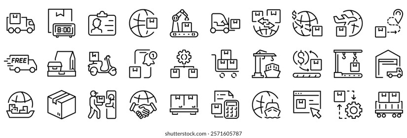 Delivery line web icons. Value chain, logistic, manufacturing, commerce. Outline icon collection. Vector illustration. Editable stroke
