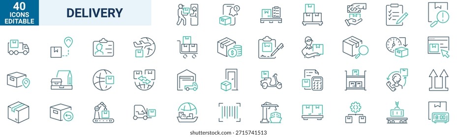 Iconos web de la línea de entrega. Cadena de valor, logística, fabricación, comercio. Colección de icono de esquema. Ilustración vectorial. Trazo editable