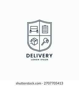 Diseño de logotipo de insignia lineal de entrega. Entrega del paquete con el símbolo de escudo seguro logotipo signo