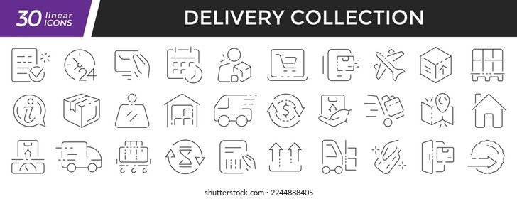Delivery linear icons set. Collection of 30 icons in black
