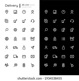 Delivery linear icons set for dark and light mode. Mobile app for order delivery tracking. UI elements. Customizable thin line symbols. Isolated vector outline illustrations. Editable stroke