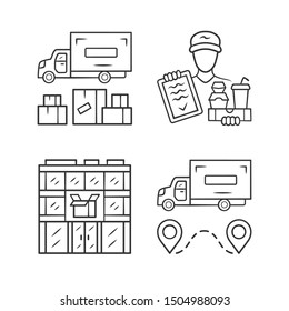 Delivery linear icons set. Heavy goods shipping, food delivery courier, post office. Cargo transportation truck. Shipment. Thin line contour symbols. Isolated vector illustrations. Editable stroke