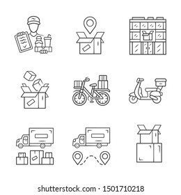 Delivery linear icons set. Parcel tracking, post office, cardboard box, order packing. Heavy goods shipping truck. Scooter, bicycle delivery. Isolated vector outline illustrations. Editable stroke