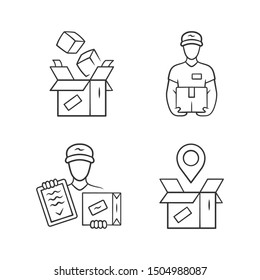 Delivery linear icons set. Parcel packing, deliveryman, order shipping. Shipment service. Logistics and distribution. Thin line contour symbols. Isolated vector outline illustrations. Editable stroke
