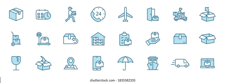 delivery linear vector icons in two colors isolated on white background. delivery blue icon set for web design, ui, mobile apps and print