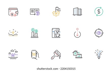 Delivery location, Inspiration and 5g internet line icons for website, printing. Collection of Coffee maker, Clean skin, Buildings icons. Ab testing, Help, Wallet web elements. Work home. Vector