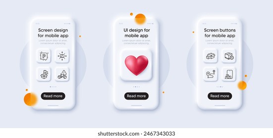 Delivery location, Journey and Packing boxes line icons pack. 3d phone mockups with heart. Glass smartphone screen. Bike attention, Online storage, Parking web icon. Vector