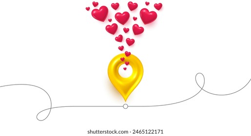 Delivery location map pin banner with 3d hearts. Continuous line journey path, delivery location pin. Journey path map pin. Supply service location. Product or package tracking care. Vector