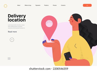 Delivery location -Online shopping and electronic commerce web template -modern flat vector concept illustration of young woman with location mark. Promotion, discounts, sale and online orders concept
