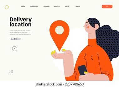 Delivery location - Online shopping and electronic commerce series - modern flat vector concept illustration of young woman holding location mark. Promotion, discounts, sale and online orders concept