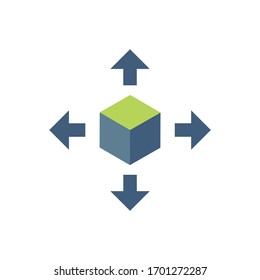 Delivery logistic cube box package with four arrows in different directions. Stock Vector illustration isolated on white background.
