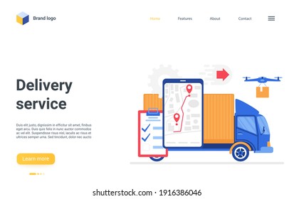 Delivery logistic digital service vector illustration. Cartoon online tracker service for delivering company, gps navigation on map of smart phone, shipping purchases by courier car truck landing page