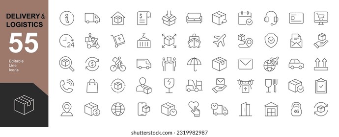 Delivery and Logistic Editable Icons set. Vector illustration in modern thin line style of moving service icons: shipping by sea, air delivery, date, courier, warehouse. Pictograms and infographics