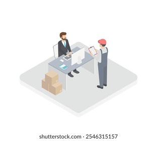 Delivery logistic hall center. Isometric delivery office with workers. Logistic concept vector. Courier with parcel in post office.