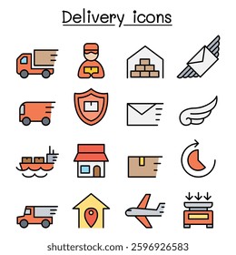 Delivery and Logistic icon set in colorline style
