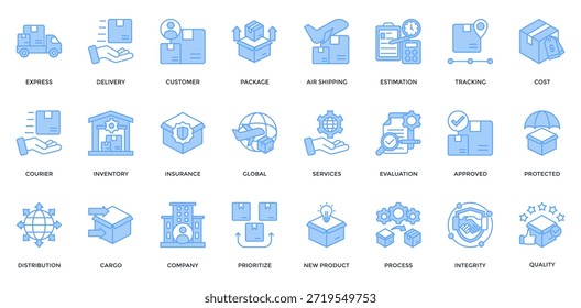 Entrega Y Conjunto De Iconos Logísticos. Contiene Express, Entrega, Paquete, Mensajero, Cliente, Iconos De Distribución. Estilo azul lineal