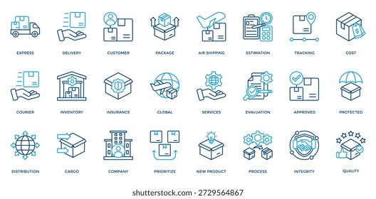 Entrega Y Conjunto De Iconos Logísticos. Contiene Express, Entrega, Paquete, Mensajero, Cliente, Iconos De Distribución. Estilo de color de contorno