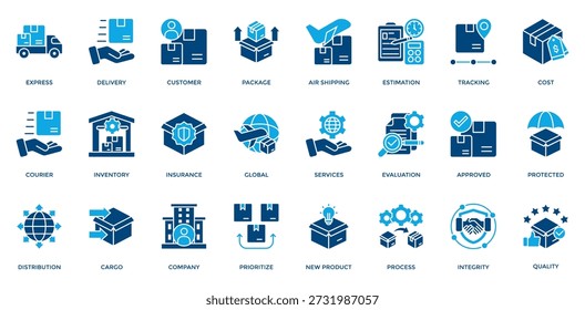 Delivery And Logistic Icon Set. Containing Express, Delivery, Package, Courier, Customer, Distribution Icons. Dual Tone Style