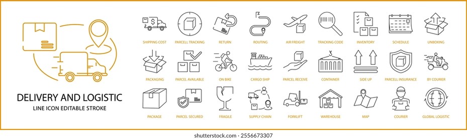 Delivery And Logistic Icon Set In line Style. Delivery And Logistic Icons. Vector Illustration. Editable Stroke.