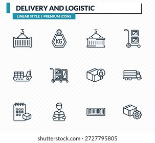 Conjunto de iconos de entrega y logística: contenedor colgante, peso, contenedores de entrega, envío, colección de Vector de contorno de accesorios de entrega.