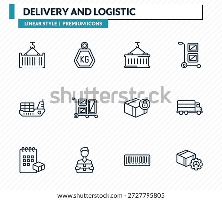 delivery and logistic icons set - container hanging, weight, delivery containers, shipping, delivery tings outline vector collection.