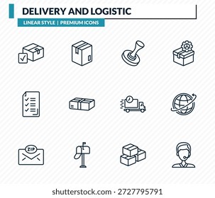 entrega e conjunto de ícones logísticos - verificação de pacote, caixa, carimbo, entrega mundial, suporte coleção de vetor de contorno.