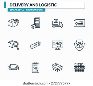 Entrega y conjunto de iconos logísticos: tiempo de entrega, entrega a la puerta, logística, escudo, colección de Vector de contorno de transportador.
