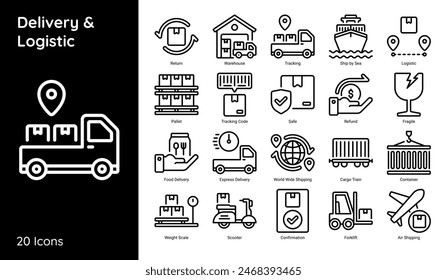 Conjunto de iconos de entrega y estilo de línea logística. Contienen como entrega rápida, frágil, contenedor, tren de carga y más.