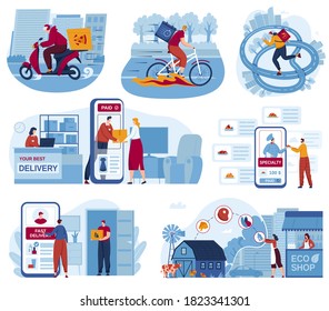 Delivery logistic for online food service vector illustration set. Cartoon flat truck bicycle or scooter courier character delivering box for client people, online order in shop app isolated on white