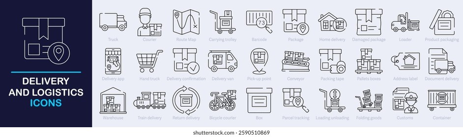 Delivery and Logistic Outline Vector Icon Collection. A set of outline icons related to shipping, logistics, tracking, warehouse, truck, courier, cargo and more. Editable stroke. Vector illustration