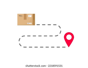 Delivery logistic route path icon vector of order parcel or parcel box shipment tracking distance location destination graphic flat, freight cargo post gps map marker pointer, courier tracker image