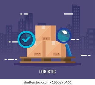 delivery logistic service with boxes and icons vector illustration design