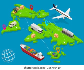Delivery Logistic Service Business Map World Concept Isometric View Carrying Pack to Customer. Vector illustration of Shipping Transportation Cargo