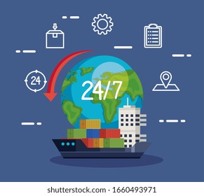 delivery logistic service with cargo ship and icons vector illustration design