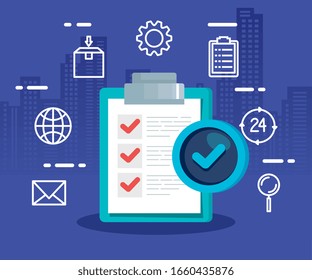 delivery logistic service with checklist and icons vector illustration design