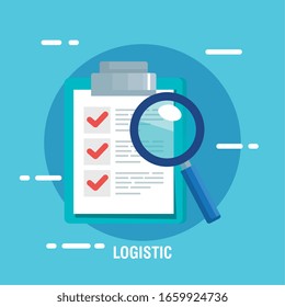 delivery logistic service with checklist and magnifying glass vector illustration design